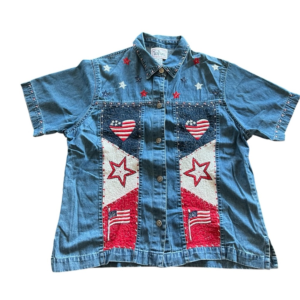 Tantrums 4th of July American Flag Denim Patriotic Star Shirt Medium